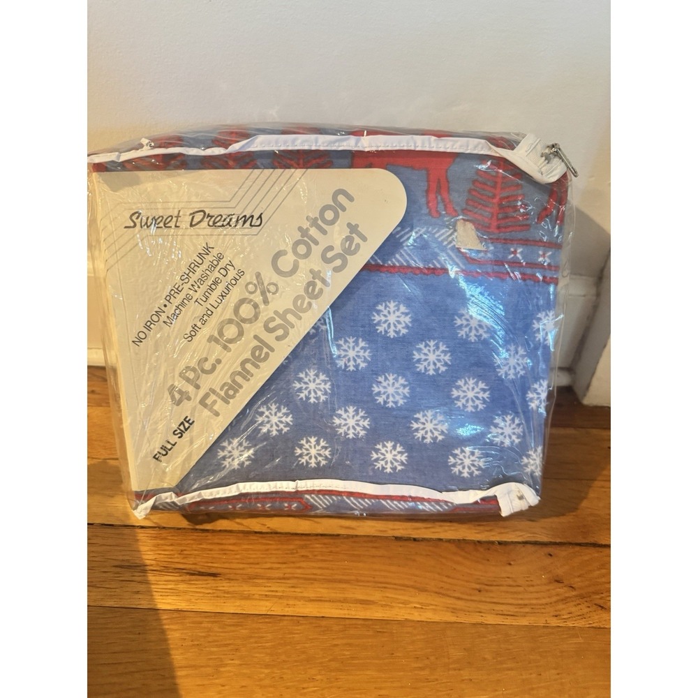 Vintage Sweet Dreams 4 Pc Flannel Sheet Set Full Sz Deer Snowflakes Red Blue NEW